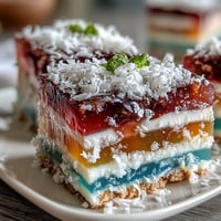 Vibrant Agar-Agar Rainbow Jelly Cake glistens with creamy coconut topping.